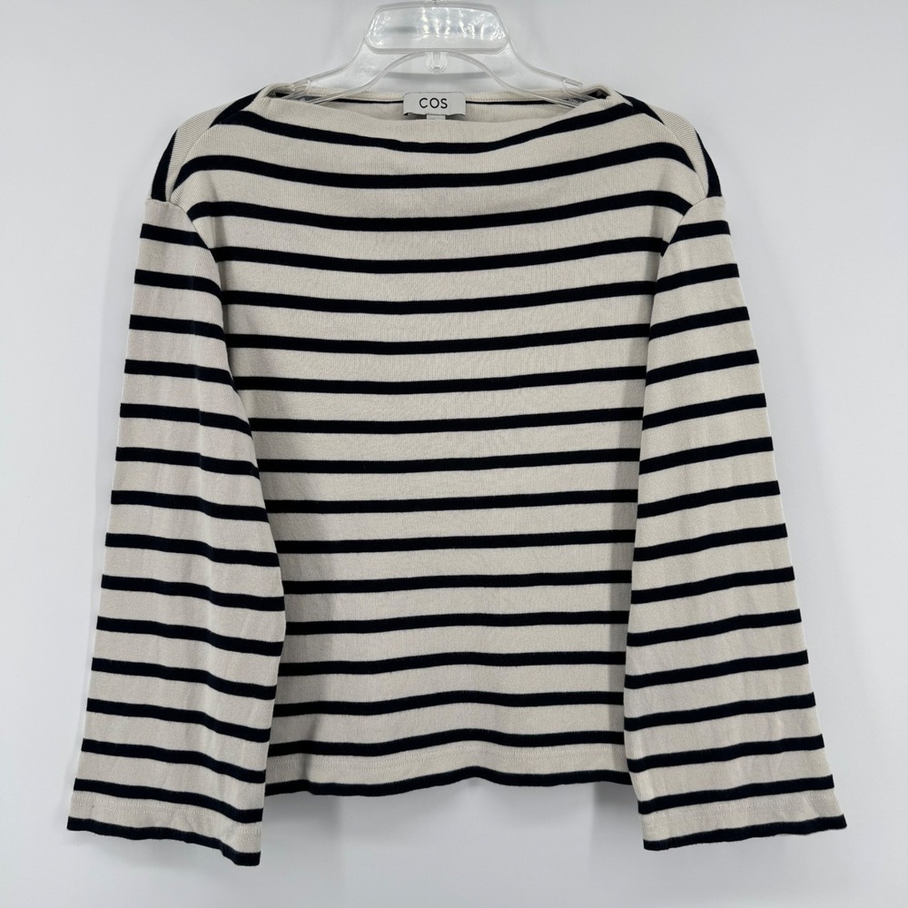 COS Striped Boat Neck Top Women XS Cream Black Long Sleeve Cotton Ribbed
